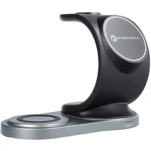 Univerzális vezeték nélküli töltő állomás 3in1, Qi Wireless, 15W, asztali tartó, mágneses, MagSafe kompatibilis, fekete