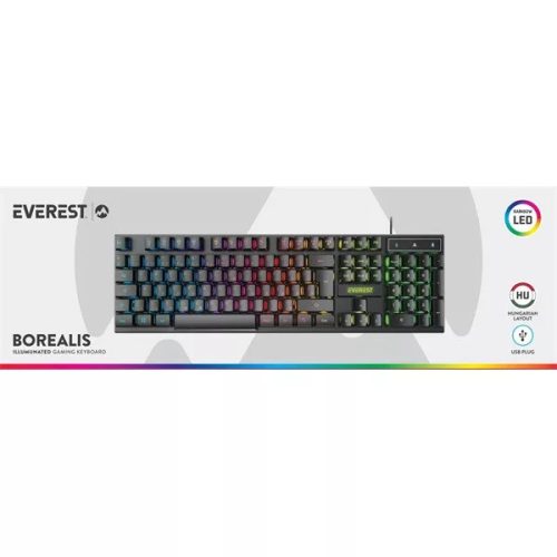 Everest Gamer Billentyűzet - KB-188 Borealis Rainbow (Numpad, USB, fekete, magyar, RGB LED)