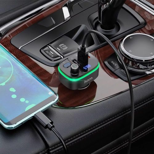 Hoco E62 bluetooth FM transmitter / autós töltő, 2xUSB-A-USB-C, PD, QC3.0, 20W, fekete