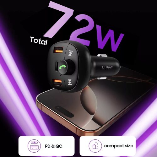 Tech-Protect CC06 bluetooth FM transmitter / autós töltő, 2xUSB-A-UCB-C, PD, 70W, fekete