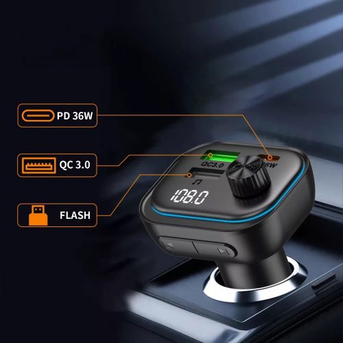 Tech-Protect CC07 bluetooth FM transmitter / autós töltő, USB-A-UCB-C, PD, 54W, fekete