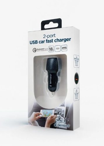Gembird TA-U2QC3-CAR-02 2xUSB autós gyorstöltő Type-C PD, 18W fekete